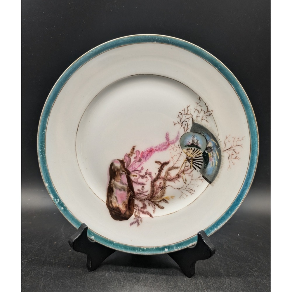 Antique Haviland & Co Limoges Porcelain Plate Hand Painted Nautical Fan Teal 8"